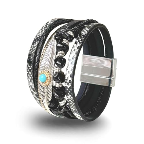 Turquoise Bracelet for Women, Boho Multilayer Leather Bracelet with Feather and Magnetic Clasp, Western Turquoise Jewelry - color: Black-Obsidian
