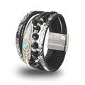 Turquoise Bracelet for Women, Boho Multilayer Leather Bracelet with Feather and Magnetic Clasp, Western Turquoise Jewelry - color: Black-Obsidian