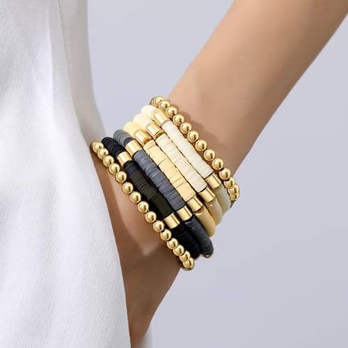 XIANNVXI 7pc Heishi Clay Bead Bracelets for Women Gold Plated Beaded Bohemian Stackable 6.8In Stretch Bracelets Elastic Layering Friendship Jewelry Boho Gift Set - color: Surfer