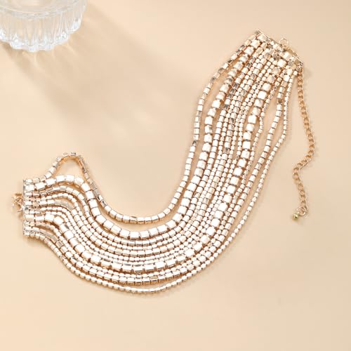 Rhinestone Bling Multi-layered Faux Diamond Choker Necklace for Women Unisex,Sparkly Iced Out Tennis Shiny Collar Neclace Prom Party Formal Dressy Necklace Statement Crystal Jewelry - color: gold