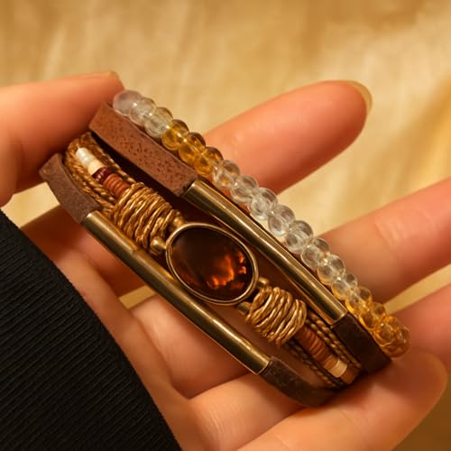 Boho Layered Bracelet for Women – Green Crystal Beaded Wrap Bracelet with Gold Clasp, Multi-Strand Hypoallergenic Statement Jewelry - color: Brown Amber