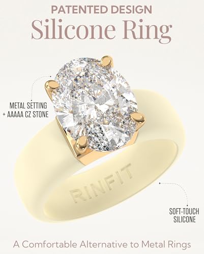 Rinfit Silicone Ring with Stone - Oval Cut Cubic Zirconia Solitaire Engagement Ring for Women - Rubber Wedding Bands - Patented Design - color: Pack F: Light Yellow / Gold