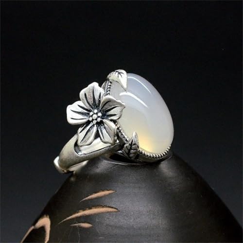 Boho Oval Stone Flower Leaf Statement Ring for Women Antique Silver Plated Vintage Crystal Plum Blossom Adjustable Open Wrap Rings Comfort Fit Retro Gemstone Art Decor Wedding Engagement Jewelry - color: White