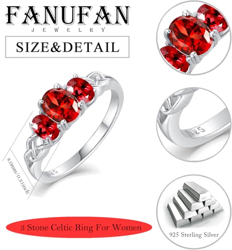 Celtic Birthstone Rings for Women 925 Sterling Silver Celtic Knot Ring 3-Stone Promise Rings for Her Wife Birthday Anniversary Wedding Jewelry - color: 01-Jan-Garnet