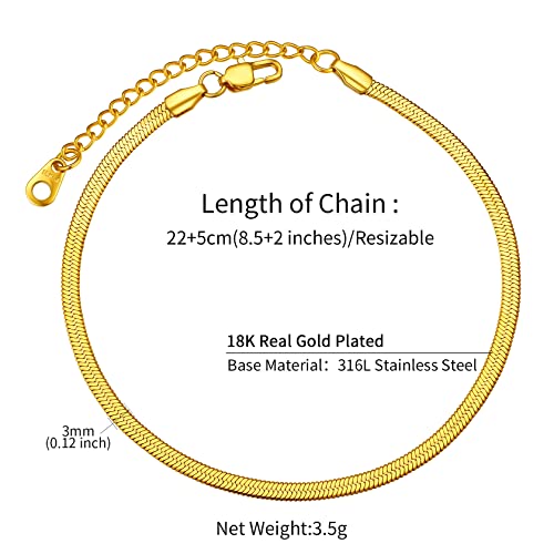 ChainsHouse Ankle Bracelets for Women, Stainless Steel Chain Anklets Waterproof, Women Summer Beach Jewelry Gift, Come with Box - color: 09. 3mm-Herringbone-Gold