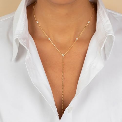 Foxgirl Lariat Gold Necklace for Women, Dainty Long Necklace 14k Gold Plated/Silver Y-Shaped Pendant Necklace Trendy Layered Cz Beaded Chain Drop Necklaces Simple Gold Jewelry For Women Gift - color: Y five diamond-GD