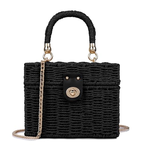 Handwoven Rattan Bag for Women Wicker Crossbody Shoulder Bag Straw Beach Tote Bag Top Handle Satchel Handbag with Chain Strap - color: Black