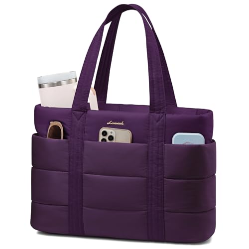 LOVEVOOK Tote Bag for Women, Large Puffer Work Tote Laptop Bag, Lightweight Travel Tote Bag with Zipper Gifts for Women - color: Purple-a, size: 15.6 Inch