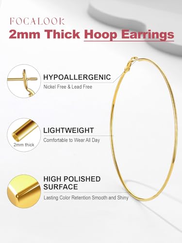 FOCALOOK 14K Gold Plated Lightweight Large Hoops| 2mm Thin Hoop Earrings for Women 30/40/50/70/100mm - color: 01.Gold, size: 100mm