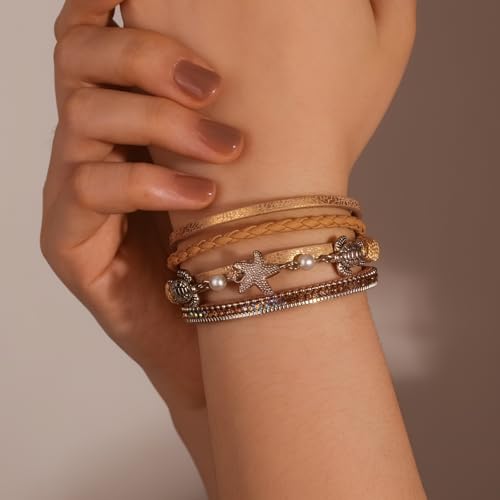 FANCY SHINY Turtle Starfish Leather Wrap Bracelet Boho Rhinestone Pearl Cuff Bracelets for Women Summer Beach Jewelry for Women - color: Rose Gold