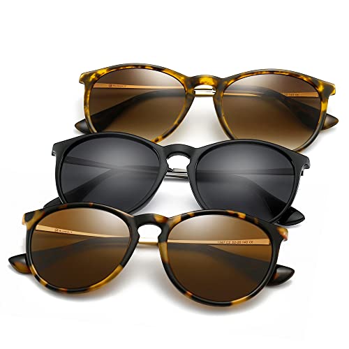 SUNGAIT Premium Vintage Round Sunglasses for Women Men Classic Retro Trendy Style - color: 3 Pack (Polarized): Matte Amber/Brown Gradient+matte Black/Gray+glossy Leopard/Brown
