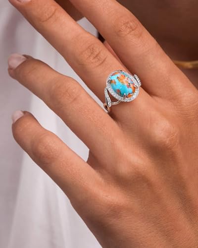 AIBAO 4-12 Ct Large Oval Engagement Rings for Women Natural Turquoise/Lapis Lazuli/Malachite Celtic/Infinity/Love Knot Halo Ring Size 6 to 10 Anniversary Christmas Valentines Gift - style: 4.6 Ct Orange Oyster Turquoise & Created White Sapphire