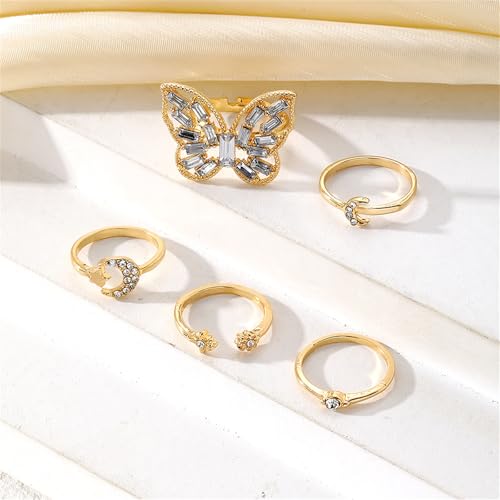 Knuckle Rings Set for Women,Simple Dainty Stackable Finger Ring Pack Minimalist Cute Butterfly Moon Heart Rings Boho Statement Jewelry Size Mixed - style: Style-D