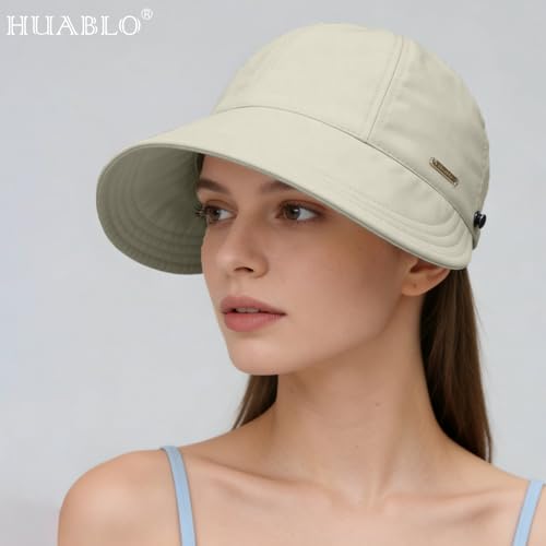 huablo]UPF 50+Womens Sun Hat UV Protection Hiking Fishing Hats Wide Brim Hat Adjustable Ponytail Packable Sun Cap - color: Beige