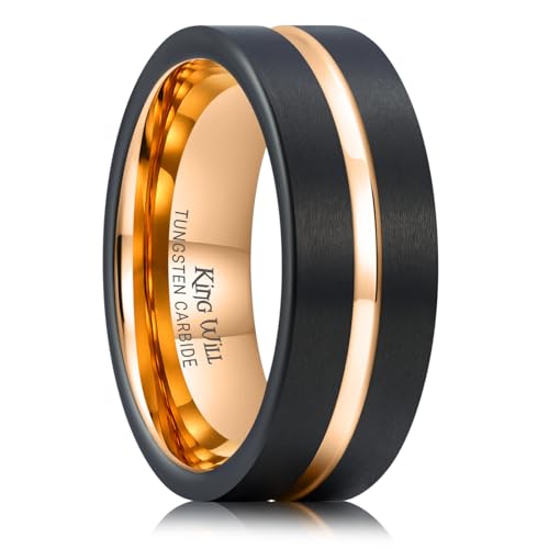 King Will Mens Tungsten Rings for Men Two Tone Grooved Mens Wedding Band Cool - color: Rose Gold 8mm