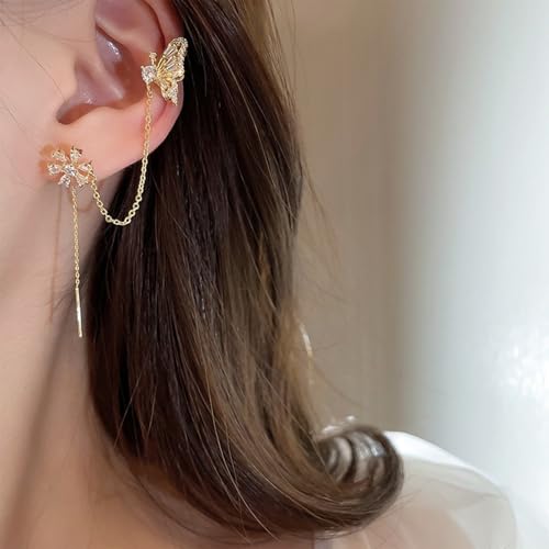 Gold Butterfly Floral Ear Cuff 1 Pair Chain Earrings Sparkling Zircon No Piercing Clip On Elegant Design for Women Everyday Casual Party Wear