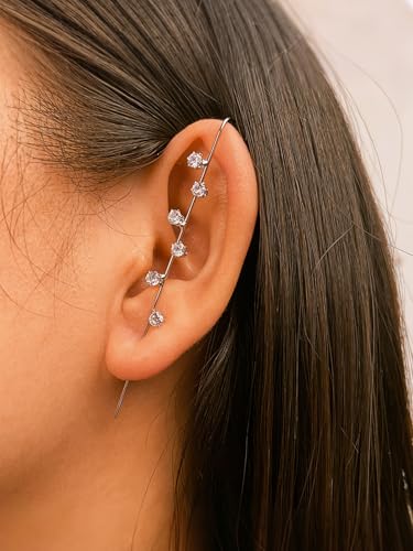 Ear Wrap Hook Earrings for Women Fashion Ear Cuff Crawler Earrings Silver Gold Long Piercing Crystal Curve Style Earring Stick Ear Wrap Earring Rhinestone Trendy Jewelry Gifts - color: six rhinestone-silver