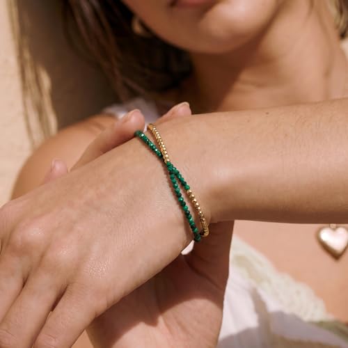 Fettero Beaded Bracelets for Women Charm Natural Stone Handmade Beads White Gold Plated Dainty Gold Bracelets Non Tarnish Boho Summer Beach Vacation Jewelry - color: Green Maq-Layered