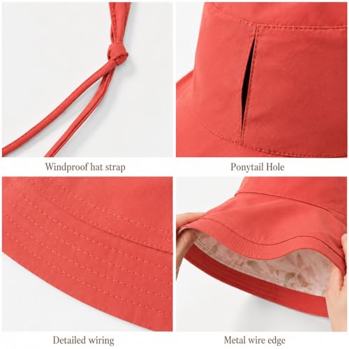 Wide Brim Sun Hat for Women Reversible Beach Hats Metal Wired Edge Gardening Hats, UPF 50+ Bucket Summer Hat - color: Orange Floral