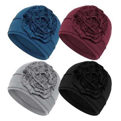 4 Pcs Chemo Turban Headwear for Women Stretchy Turban Head Wraps Cap Chemo Headwrap with Hair Loss - color: Black, Light Gray, Wine Red, Blue