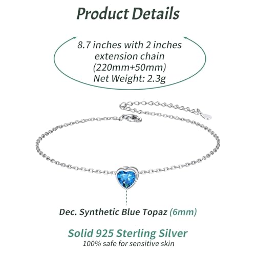 ChicSilver 925 Sterling Silver Anklets for Women, Simple Dainty Round/Heart Birthstone Ankle Bracelet Beach Foot Jewelry, 8.7-10.7 Inch Adjustable - color: 12. Heart - December(Blue Topaz)