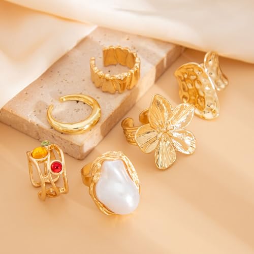 Gold Silver Chunky Ring Set for Women,Open Stacking Knuckle Statement Ring,Boho Flower Baroque Pearl Rings Set,Minimalist Aesthetic Rings Jewelry Gifts - color: Gold