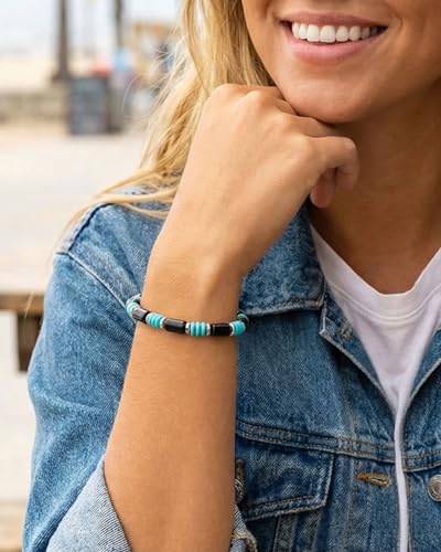 Turquoise Bracelet, Handmade Turquoise Beaded Wood Hematite Boho Bracelet, Western Jewelry for Women & Men