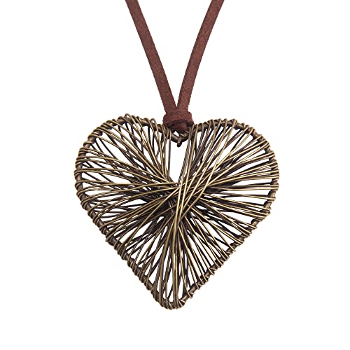 GelConnie Leather Cord Necklace Chain Multilayer Wooden Pendant Necklaces Vintage Jewelry Boho Long Sweater Necklace for Women Men - color: Brown Heart Necklace