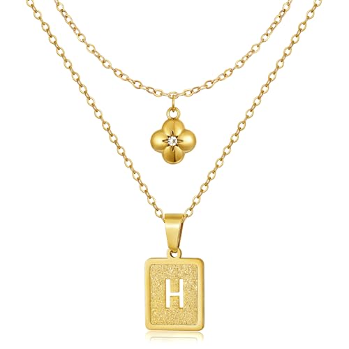 KELORIS PATH Layered Initial Necklaces for Women, 18K Gold Plated Stainless Steel Necklaces Set with Dainty Four Leaf Clover Square Cutout Letter Pendant, Fashion Jewelry for Gifts - style: H Letter