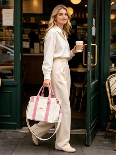 FIORETTO Women’s Canvas Tote Bag Purse with Zipper, Multi Compartment & Reinforced Bottom, Ideal for Work, Bible, Travel - color: Beige & Pink, size: Large, style: Built-in Organizer