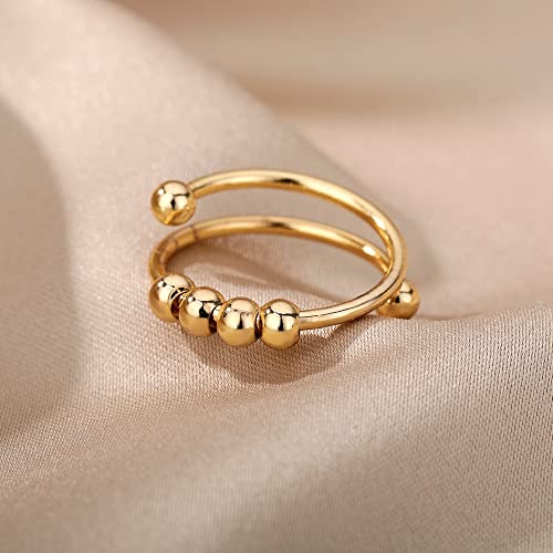 Razered Anxiety Balls Beads Rings for Women Open Adjustable Finger Ring Stainless Steel Rotating Freely Anti Stress Jewelry - color: gold plated
