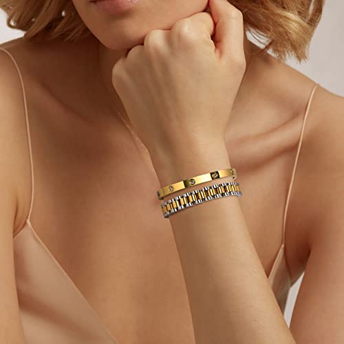 MPRAINBOW 2pcs 18K Gold Plated Chain Link Bracelet, Stainless Steel Crystal Friendship Bracelets Bangle,Watch Band Chains Wristband Jewelry with Adjust Tool - color: Gold Set - G