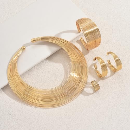 African Choker Necklace Bracelet Earrings Set for Women Dainty Chunky Gold Hoop Choker Necklace Wide Cuff Bangle Bracelets Exaggerated Ethnic Statement Jewelry Set for Women - style: B