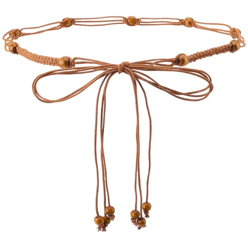 CRASPIRE Boho Rope Belt Tassel Braided Waist Belts Brown Thin Tie Skinny Woven Beads Cord Handmade Weaving Handwoven Macrame Long Apparel Decorative Chain for Women Dress Cloth Outfit Skirt Wrap - color: Brown