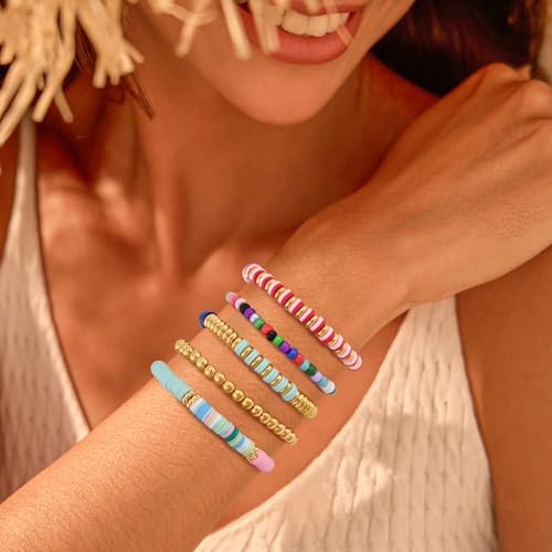 VIBILIA Gold Beaded Bracelets Set for Women 14K Gold Plated Dainty Pearl Cross Bracelet Stack Stretch Bracelet Set Fashion Accessories Gifts - color: 5P-RTMZ-Color