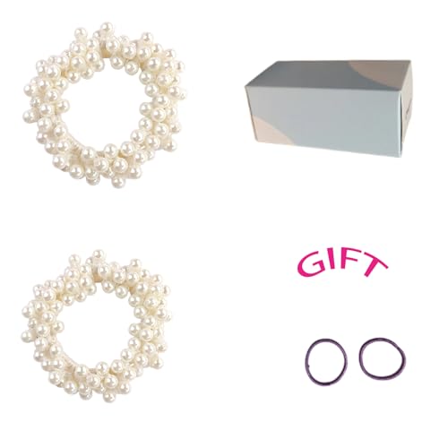 Pearl Hair Scrunchies, Elastic Hair Ties, Beaded Ponytail Holders for Women, Cream White, 2 Pack