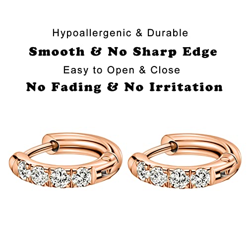 316L Surgical Stainless Steel Huggie Hoop Earrings with Cubic Zirconia, 10G 12G 14G 8-20mm Cartilage Lobe Earrings, 14G Piercing Jewelry - style: 10G 8mm Rose Gold Clear CZ