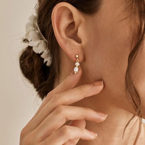 Pearl Earrings for Women, Dainty Wedding Bridal Earrings 14k Gold Plated CZ Pearl Drop Earrings for Women Trendy Hypoallergenic Unique Gold Drop Earrings Fashion Prom Jewelry - color: Gold-F