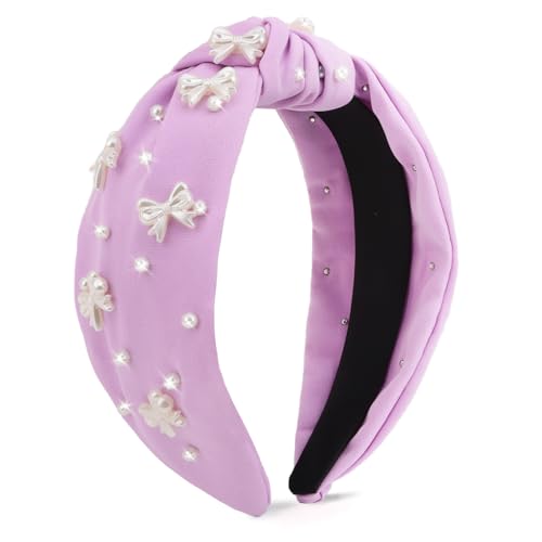 Purple Headband Bow Pearl Knotted Headbands for Women Girls Cute Fashion Wide Headbands for Women Non Slip Hairbands Head Bands for Women's Hair Bow Hair Accessories - color: Purple-03
