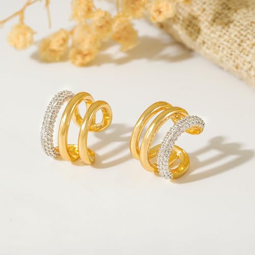 MTMY Gold Ear Cuff Earring for Women 14K Gold Plated Cubic Zirconia Non-Pierced Clip on Cartilage Chunky Ear Cuffs Hypoallergenic Jewelry - style: cz triple / pair