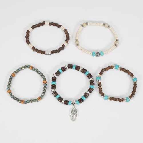 COLORFUL BLING Boho Turquoise Wooden Beaded Stretch Bracelets Stackable Turtle Butterfly Elephant Shell Heart Charms Bracelet for Women Men Western Jewelry Gifts - style: Set 6