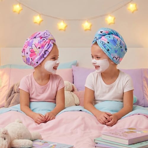 Basumee Microfiber Hair Towel Wrap for Kids 2 Pack Rapid Drying Hair Towel with Button Hair Turbans for Wet Hair Wraps Head Towel Wrap for Women and Girls, Blue and Purple Love - color: Blue and Purple Love