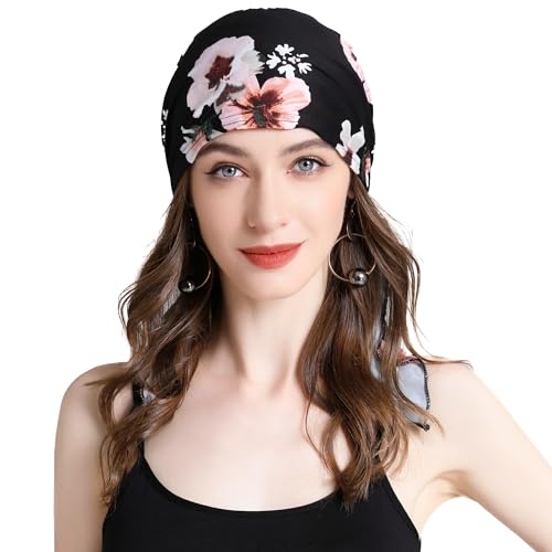 ZLYC Chemo Headwear Pre Tied Head Scarf Headwraps Lightweight Turban Beanie Cap for Women - color: Floral Black
