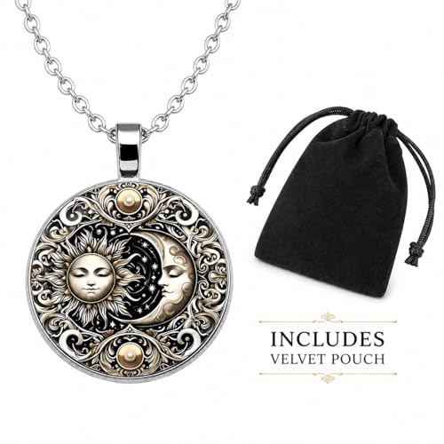 1pc Stunning Round Pendant Necklace - Unique Sun & Moon Pattern, Oil Painting Style Glass Mosaic, Alloy Construction, Trendy Sweater Chain, Fashionable Gift for Women - Christmas or Birthday Gift - color: Gray Moon (Silver)
