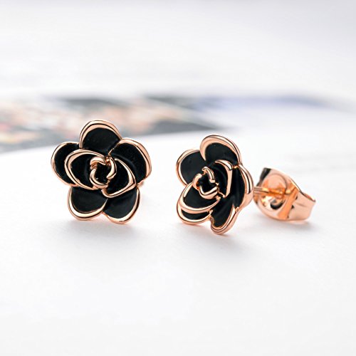 AllenCOCO Rose Flower Stud Earrings for Women Sensitive Ears, Hypoallergenic Cute Gold And Silver Rose Flower Earrings Studs for Women Nickel Free - color: Black flower/Rose gold, size: 0.35