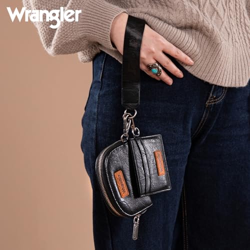 Wrangler KeyChain Wallet Wristlet Wallets for Women Dual Pouch Wristlet with Zipper Womens Credit Card Holder Wallet - color: A-Black