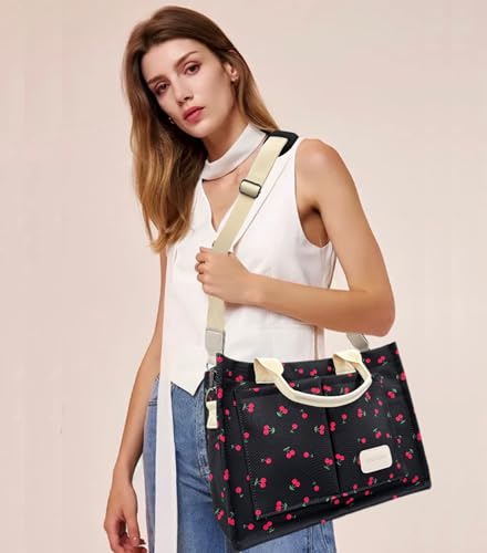 Large Canvas Tote Bag for Women Work Tote Bags with Pockets Laptop Crossbody Purses Everyday Bag Handbags for Travel - color: New Upgrade Plus Cherry Black
