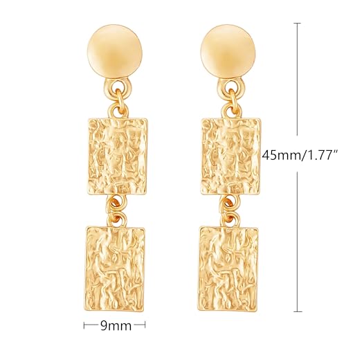Stud Earrings for Women 14k Gold Plated Geometric Dangle Earrings Lightweight Minimalist Handmade Hammered Texture Oval Disc Drop Double-layer Big Hoop Dangle Earrings for Women - color: Rectangle Disc
