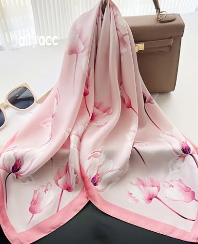 Dailyacc Hair Bandanas Scarf For Women Lightweight Fashion Neck Silk Satin Head Scarves For Sleeping Handbags Scarf - color: 16-pink Tulip/27.5*27.5in