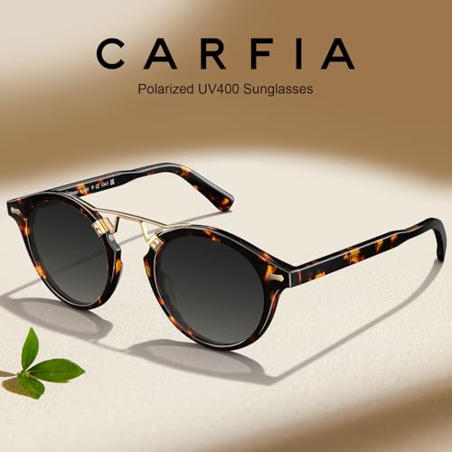 CARFIA Double Bridge Small Acetate Sunglasses for Women Polarized, Retro Metal Brow Ladies Sunnies Fashion Round Eyewears - color: 4. Yellow Tortoise Frame Gradient Grey Lens